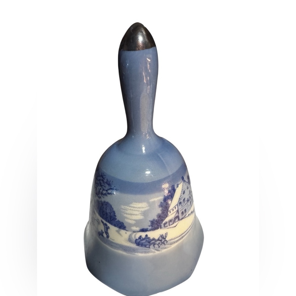 Vintage Currier & Ives Style Bell –Blue – Taiwan Porcelain Colonial Winter Scene